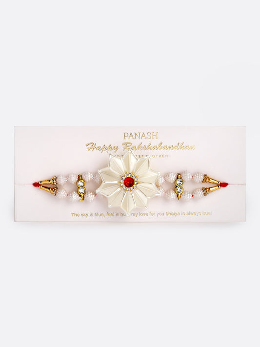 White Floral Beaded Designer Rakhi with Mug