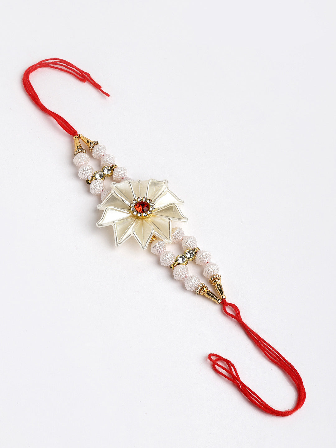 White Floral Beaded Designer Rakhi with Mug