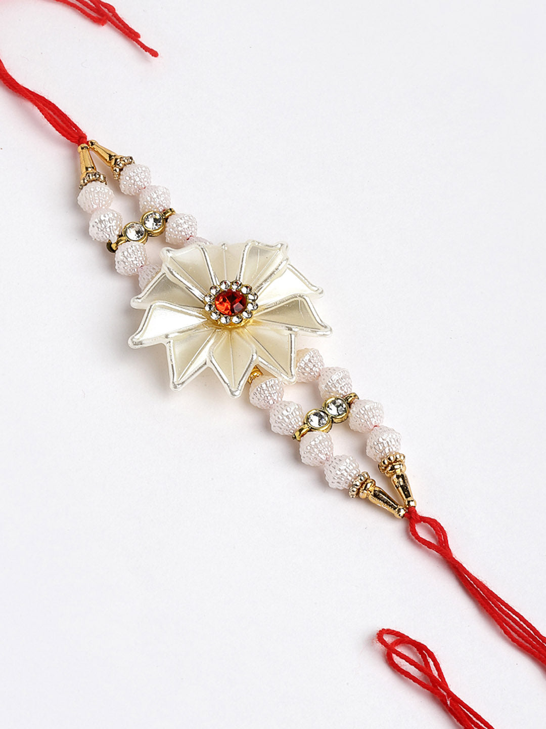 White Floral Beaded Designer Rakhi with Mug