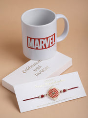 Gold-Plated Red & White Pearls Rakhi with Mug