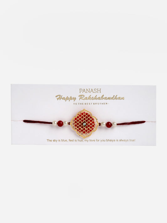 Gold-Plated Red & White Pearls Rakhi with Mug