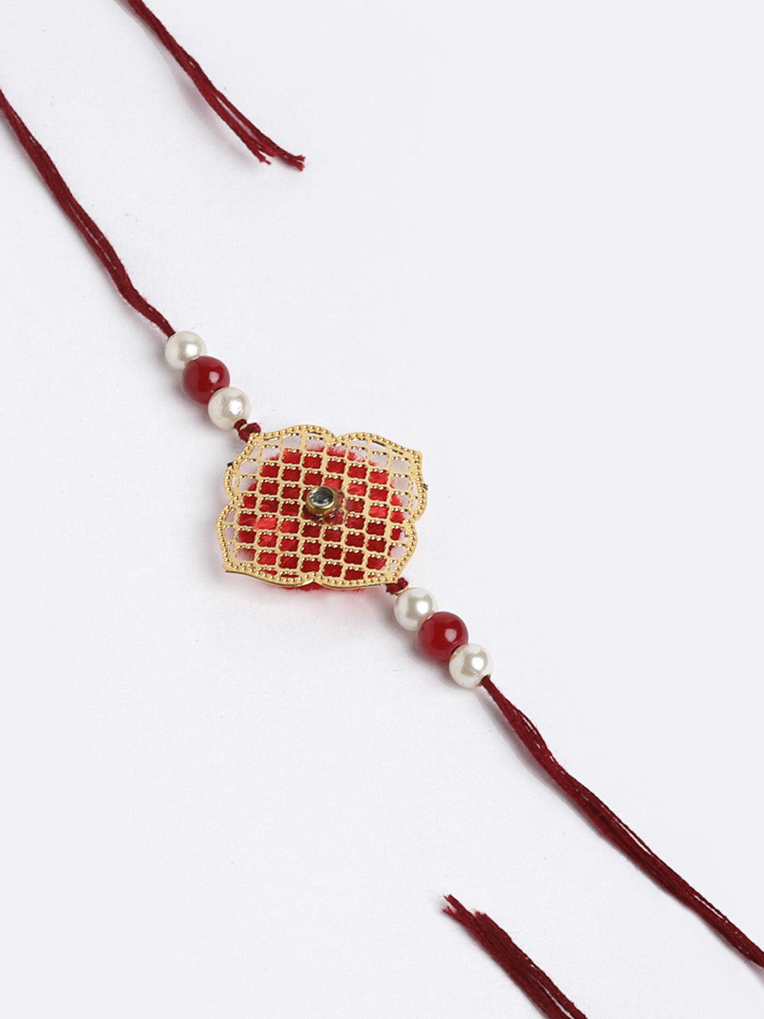 Gold-Plated Red & White Pearls Rakhi with Mug