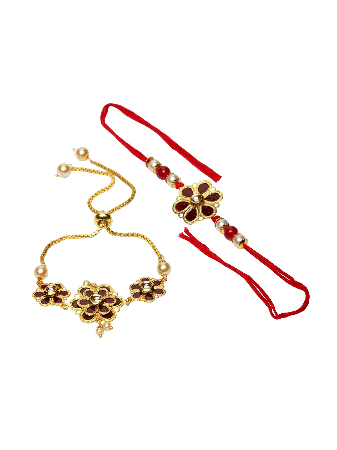 Gold-Plated & Maroon Brass Handcrafted Bhaiya Bhabhi Rakhi Gift Set