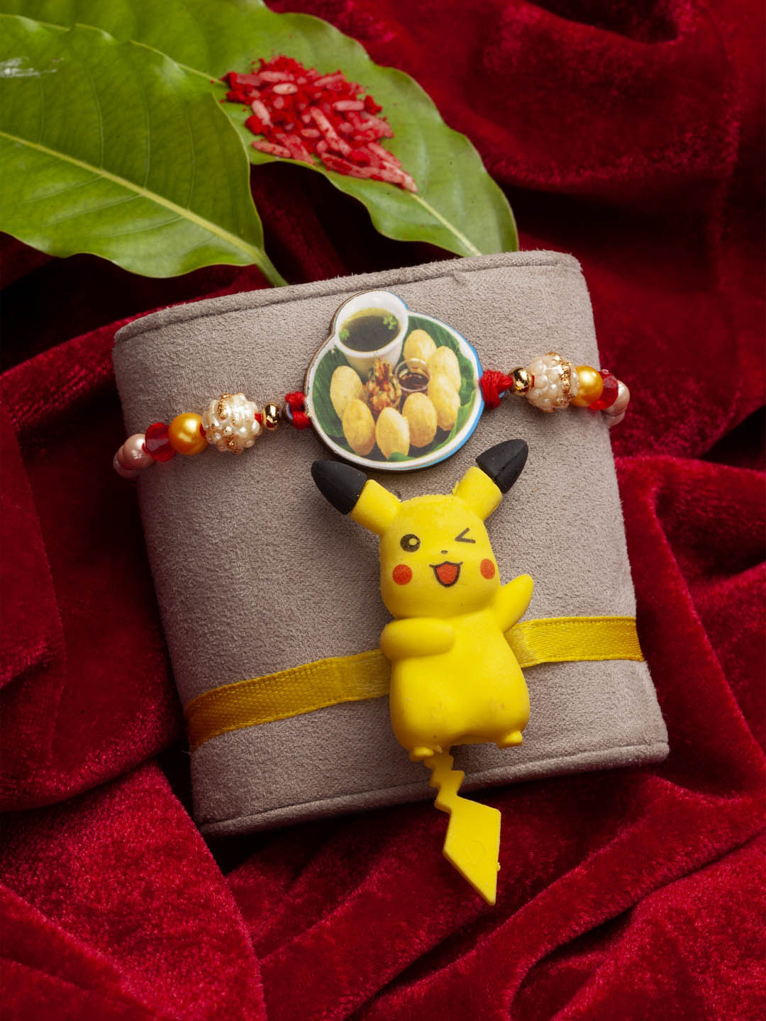 Set Of 2 Pikachu & Printed Fashion Rakhi With Roli Chawal