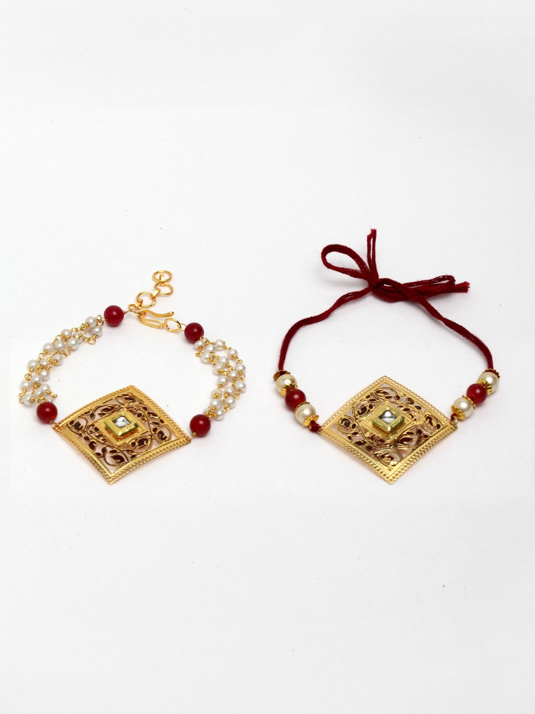 Set of 2 Gold-Plated Handcrafted Kundan Lumba & Rakhi