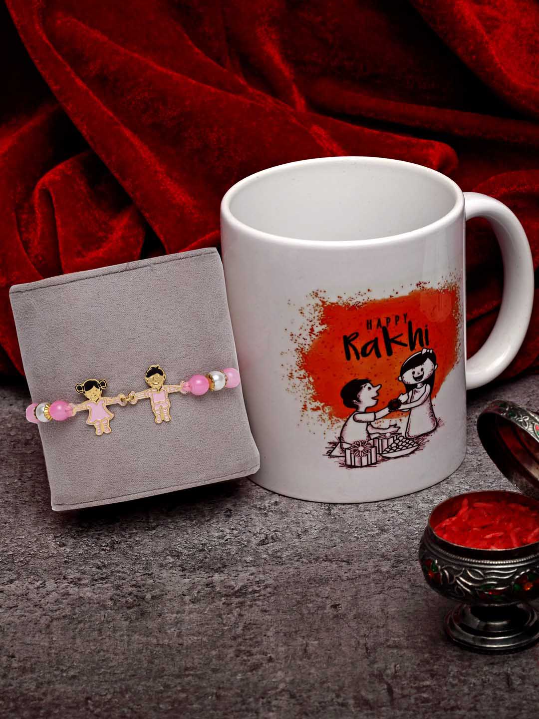 Set of 2 Gold-Toned & Pink Rakhi With Happy Rakhi Mug