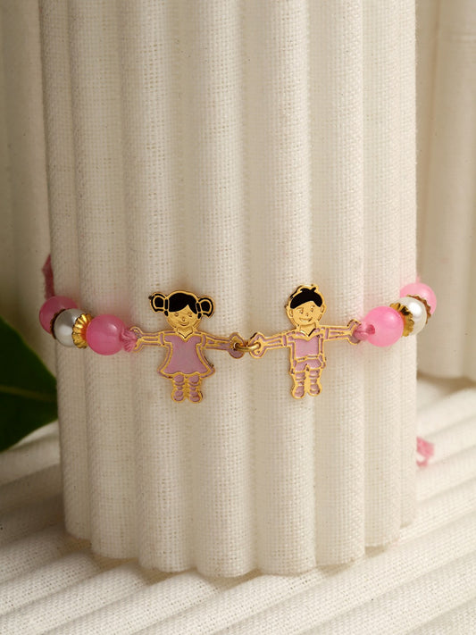 Set of 2 Gold-Toned & Pink Rakhi With Happy Rakhi Mug