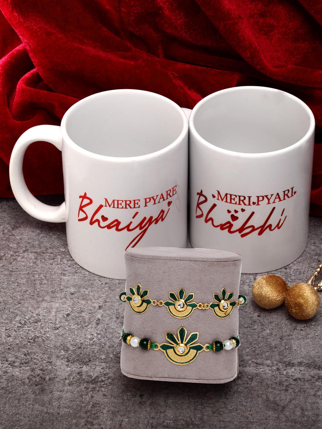 Set of 4 Gold-Plated & Green Lumba & Rakhi Set With Bhaiya Bhabhi Mugs