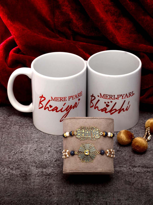 Set of 4 Gold-Plated Lumba & Rakhi Set With Bhaiya Bhabhi Mugs