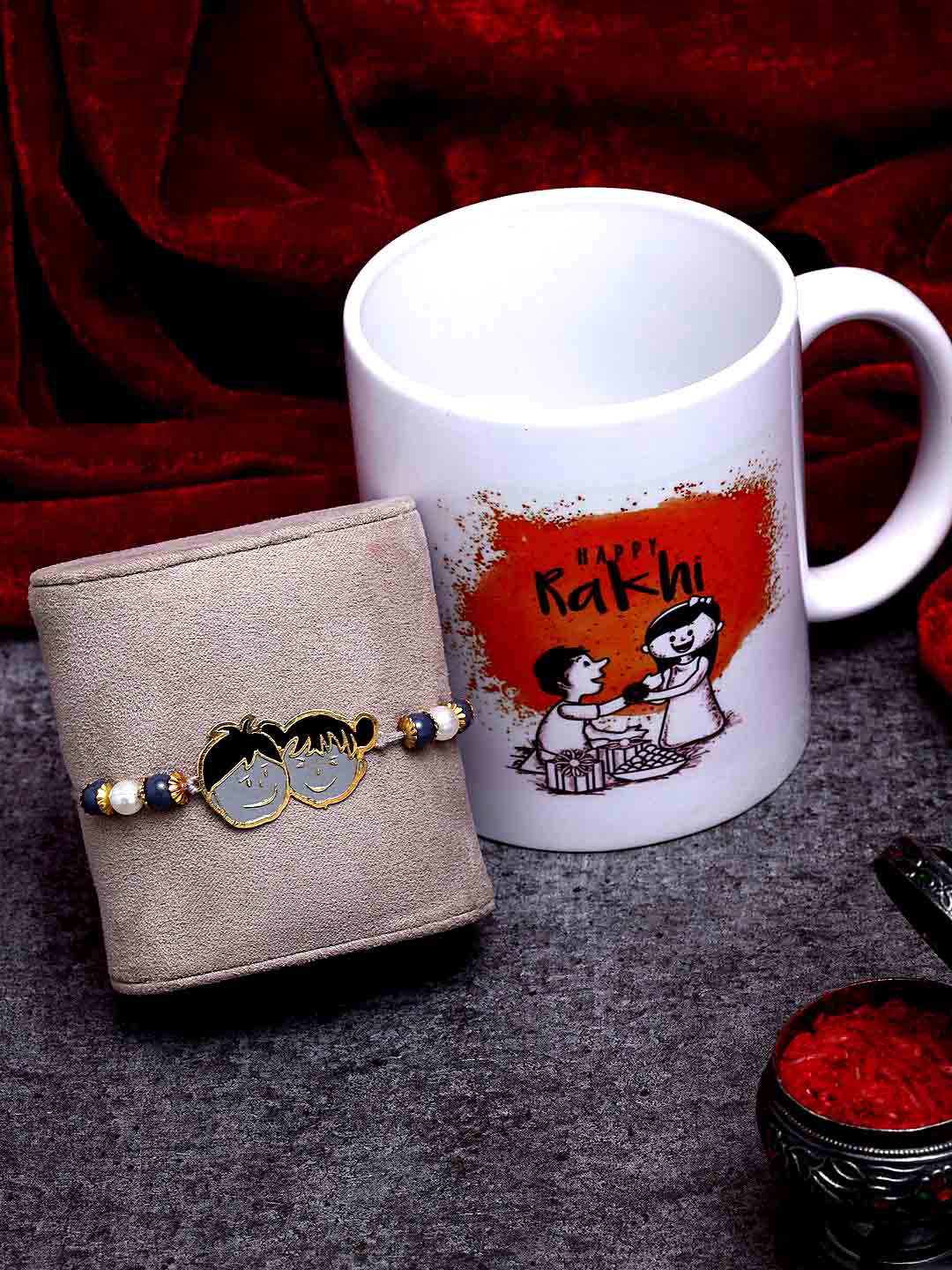 Boys Gold-Toned & Grey Handcrafted Rakhi With Mug & Roli Chawal Gift Set