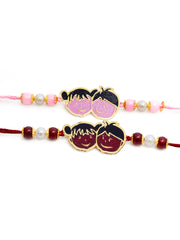 Set of 2 Boys Gold-Toned Pink & Red Handcrafted Rakhi With Roli Chawal