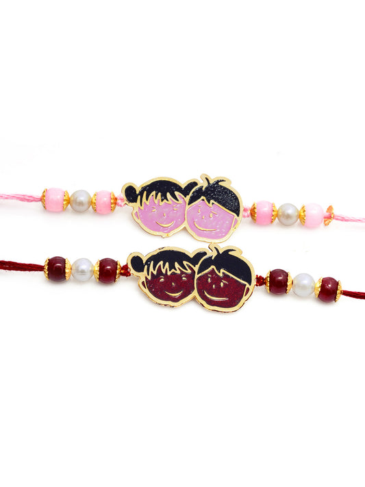 Set of 2 Boys Gold-Toned Pink & Red Handcrafted Rakhi With Roli Chawal