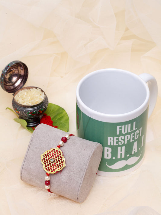 Men Gold-Plated Handcrafted Rakhi With Mug & Roli Chawal