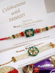 Set of 2 Gold Coloured, Green & White Bhaiya Bhabhi Embellished Rakhi With Gift Stand