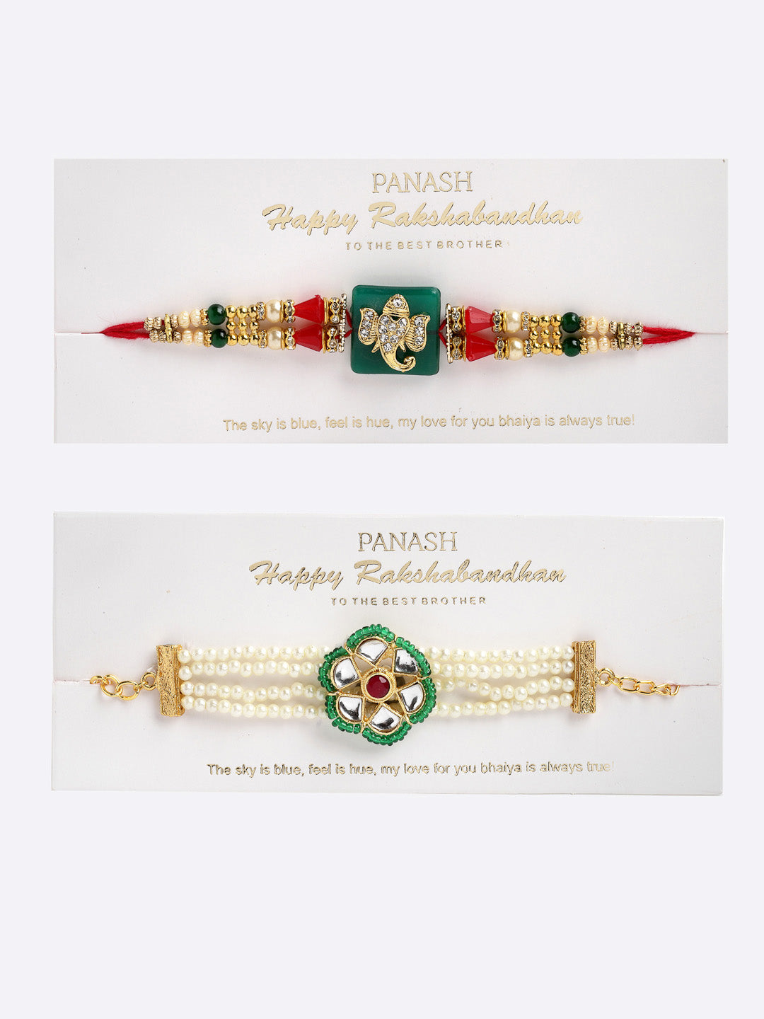 Set of 2 Gold Coloured, Green & White Bhaiya Bhabhi Embellished Rakhi With Gift Stand