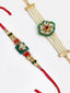 Set of 2 Gold Coloured, Green & White Bhaiya Bhabhi Embellished Rakhi With Gift Stand