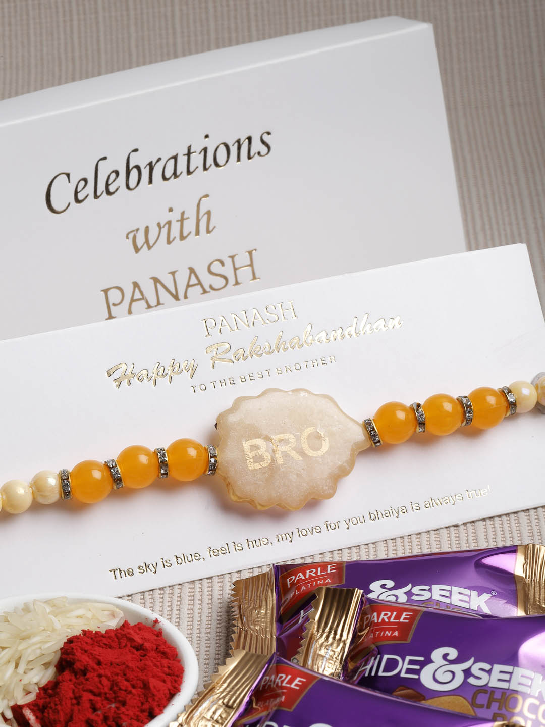 Gold-Plated Yellow Pearls BRO Rakhi With Gift Stand