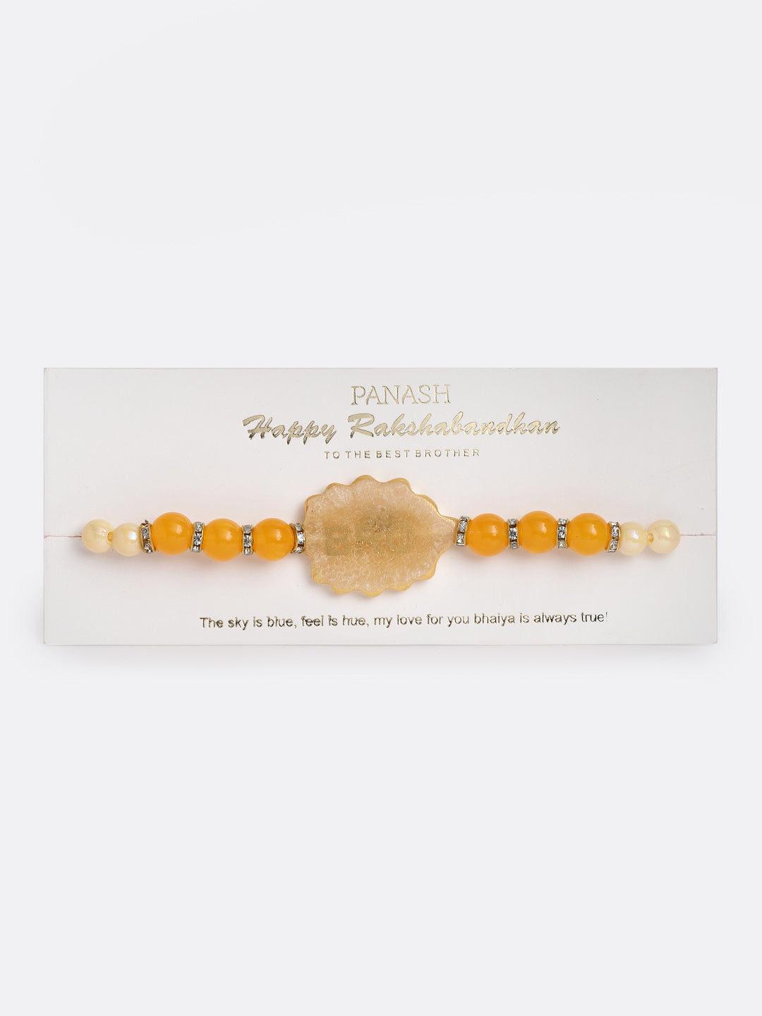 Gold-Plated Yellow Pearls Rakhi With Printed Mug