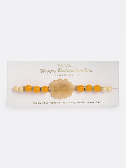 Gold-Plated Yellow Pearls Rakhi With Printed Mug