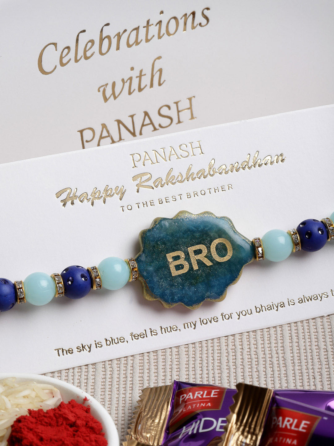 Men Gold-Plated Blue Pearl Beaded Bro Desisgnd Rakhi