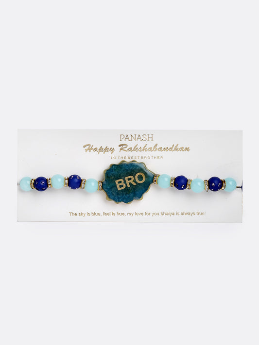 Men Gold-Plated Blue Pearl Beaded Bro Desisgnd Rakhi