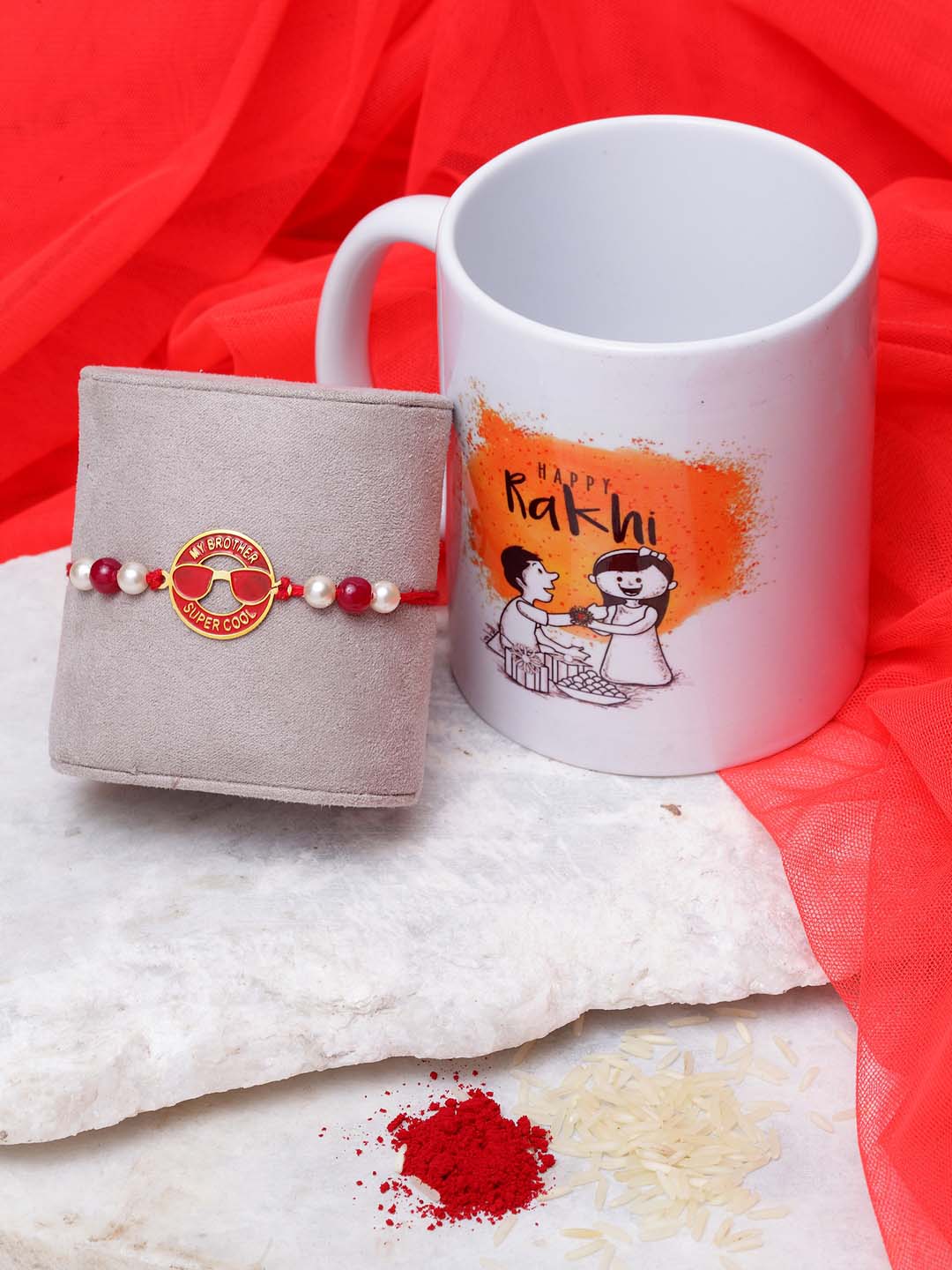 Gold-Plated Red Brass Handcrafted Rakhi & Mug