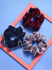 Women Set of 3 Blue & Maroon Embellished Ponytail Holders