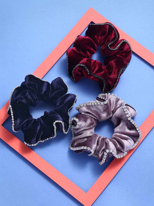 Women Set of 3 Blue & Maroon Embellished Ponytail Holders