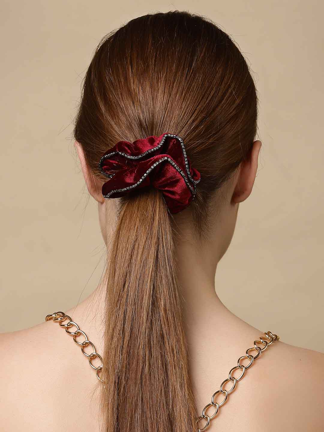 Women Set of 3 Blue & Maroon Embellished Ponytail Holders