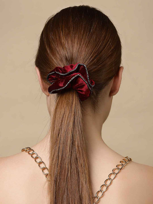 Women Set of 3 Blue & Maroon Embellished Ponytail Holders