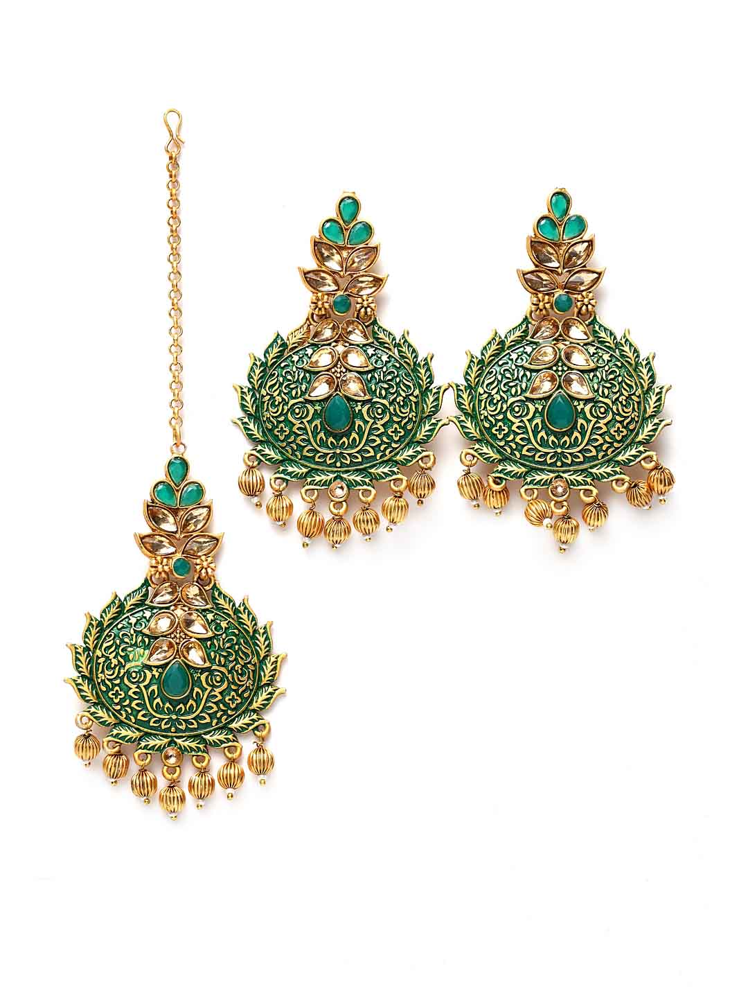 Gold-Plated Green & Beige Stone-Studded Hand Painted Jewellery Set