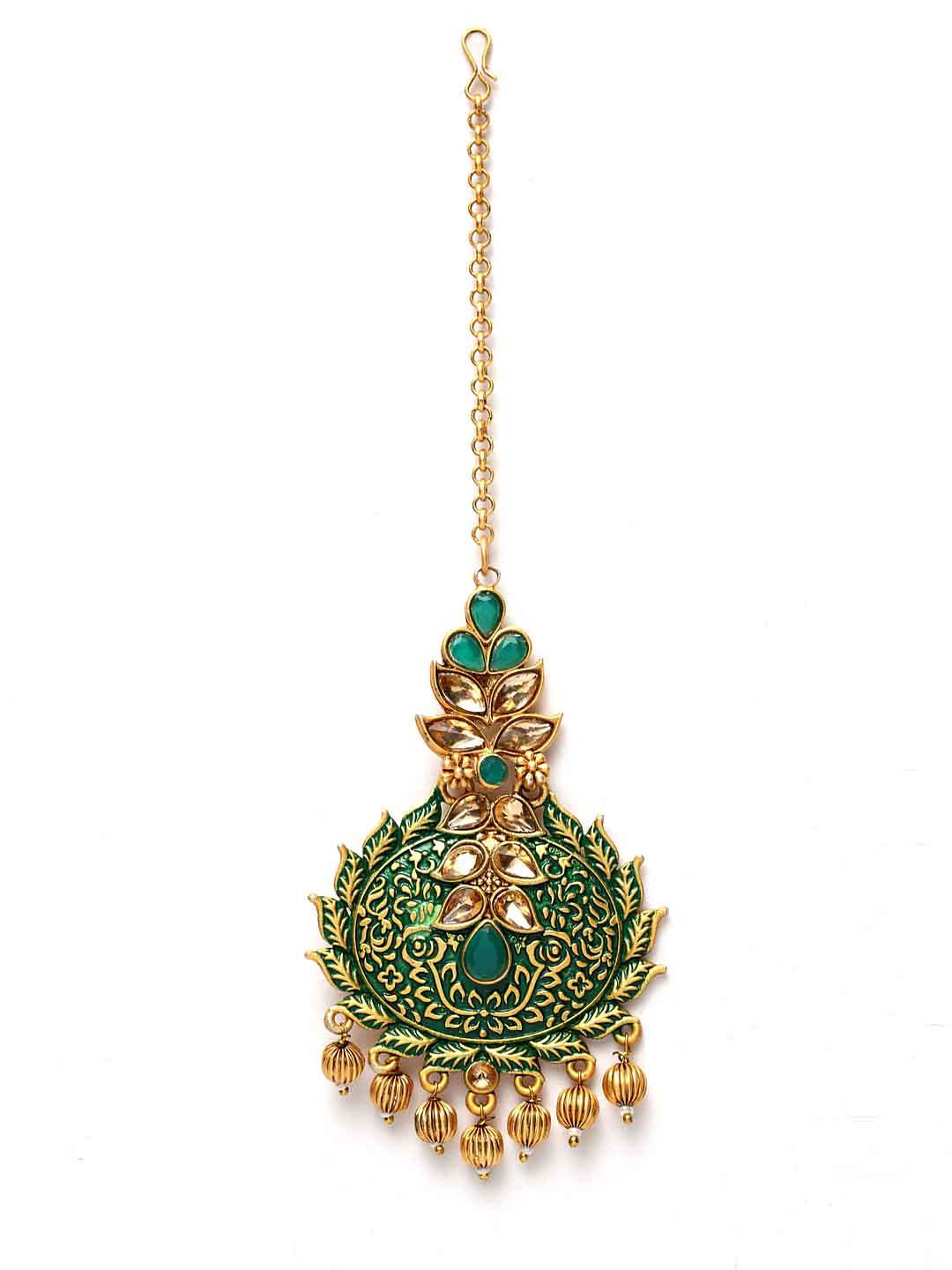 Gold-Plated Green & Beige Stone-Studded Hand Painted Jewellery Set