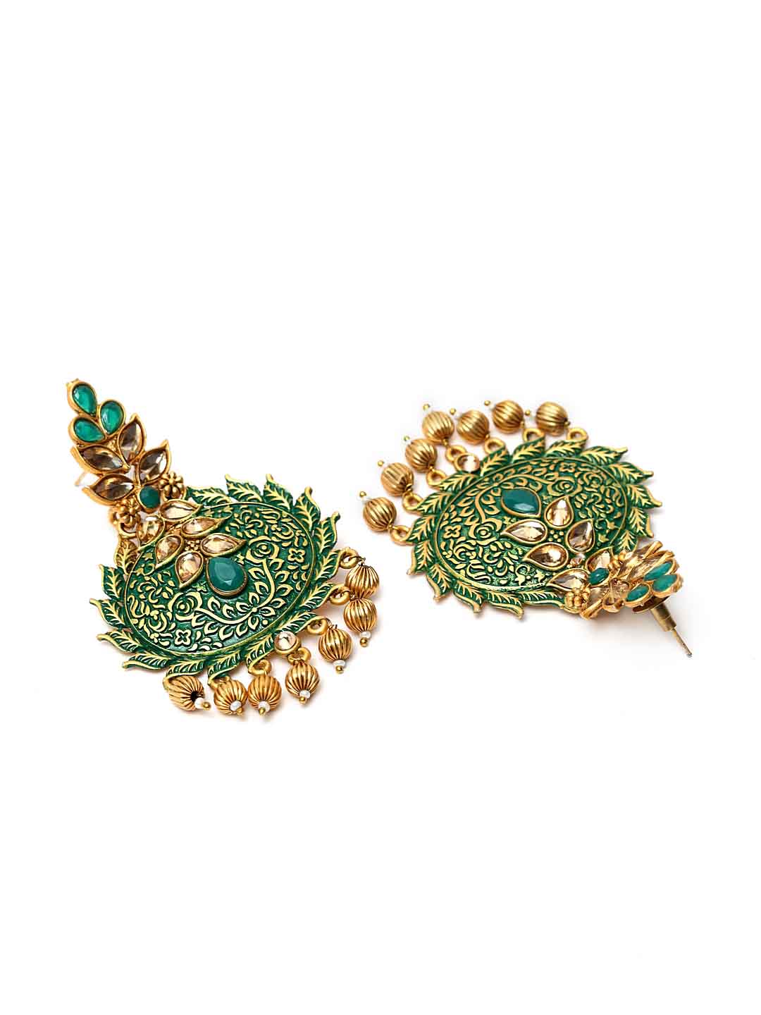 Gold-Plated Green & Beige Stone-Studded Hand Painted Jewellery Set