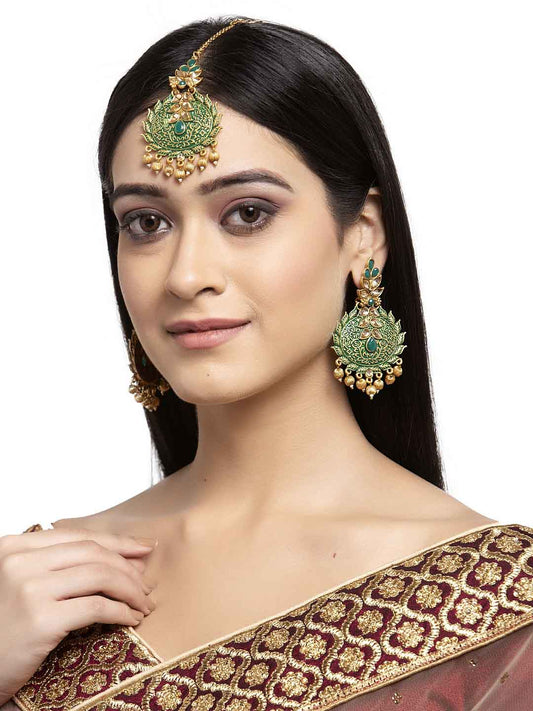 Gold-Plated Green & Beige Stone-Studded Hand Painted Jewellery Set