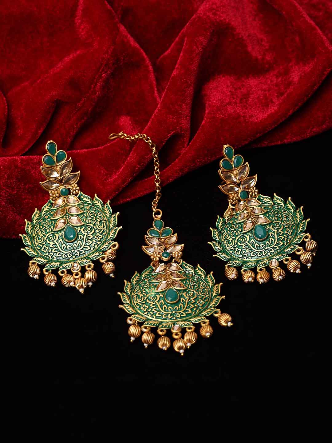 Gold-Plated Green & Beige Stone-Studded Hand Painted Jewellery Set