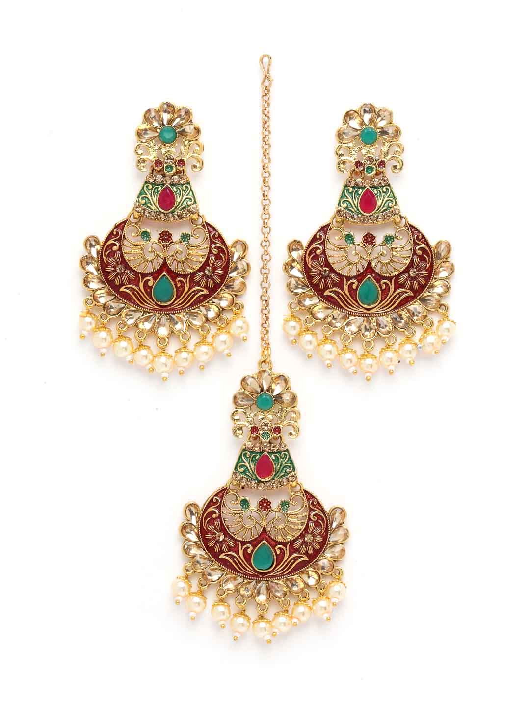 Women Gold-Plated Handcrafted Earrings and Maang Tikka