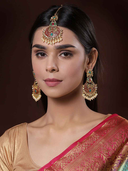 Women Gold-Plated Handcrafted Earrings and Maang Tikka