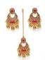 Gold-Plated Red & White Stone Studded & Beaded Handcrafted Maang Tika With Earring Set