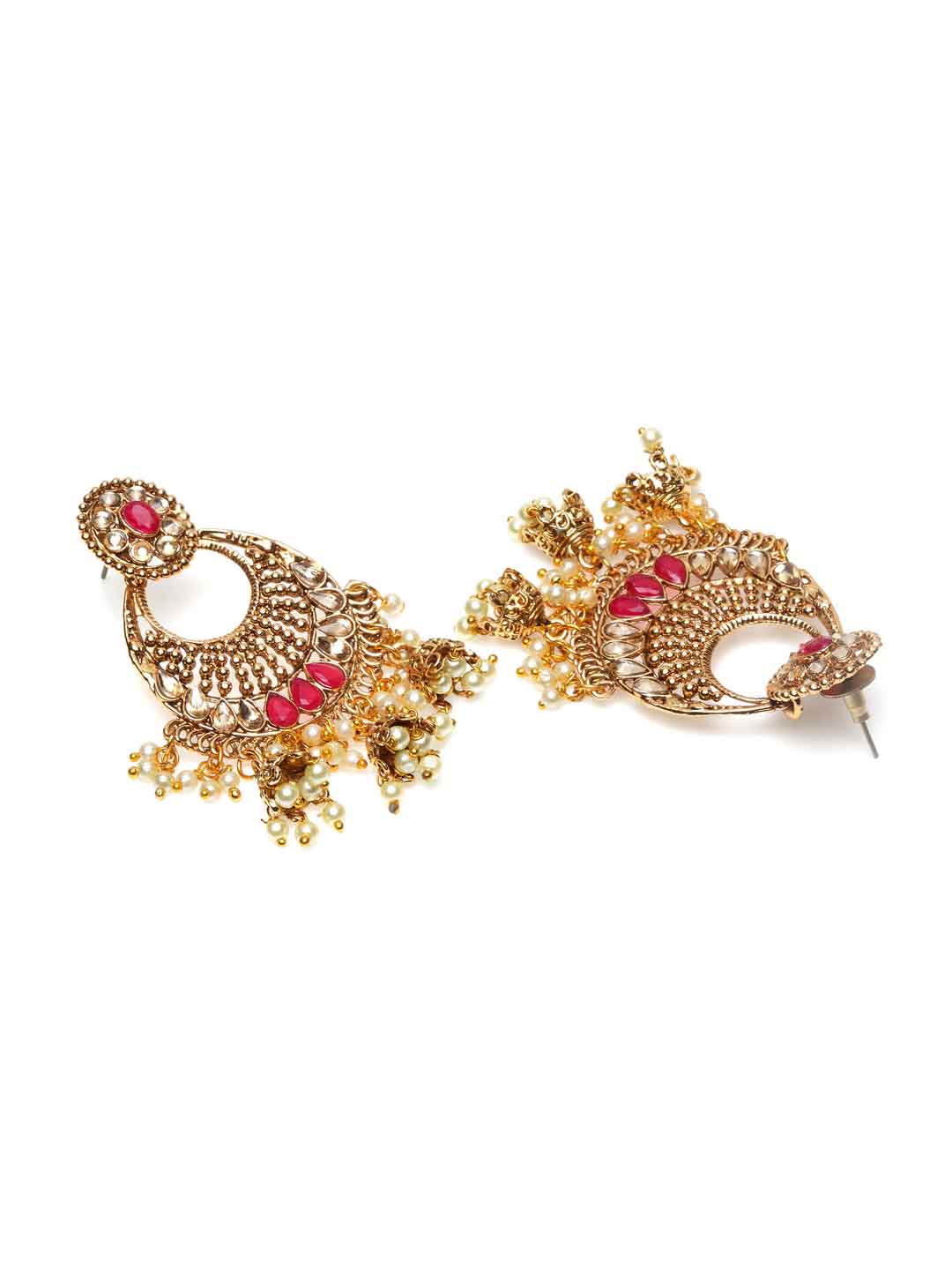 Gold-Plated Red & White Stone Studded & Beaded Handcrafted Maang Tika With Earring Set