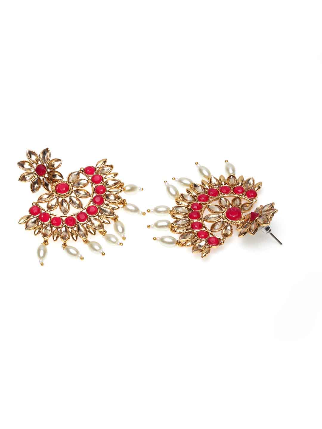 Gold-Plated & Red Stone-Studded & Beaded Handcrafted Sustainable Jewellery Set