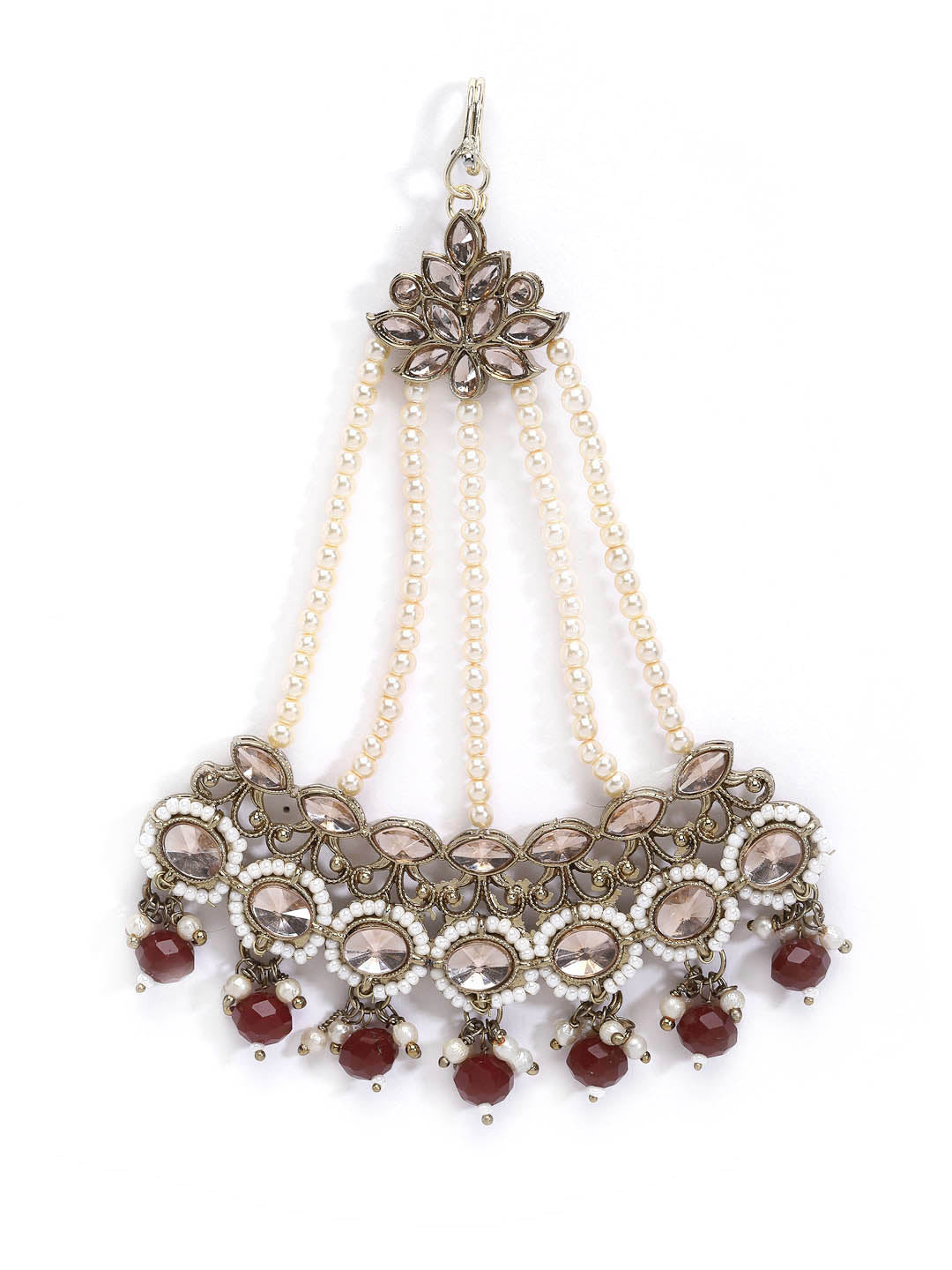 Gold-Plated White & Pink Kundan-Studded & Pearl Beaded Jhumar Passa