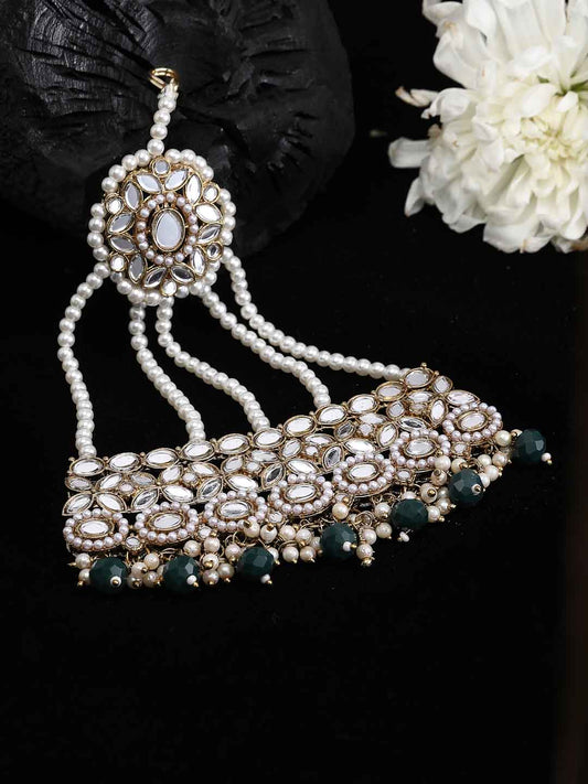 Gold-Plated White & Green Mirror Work & Pearls Beaded Jhumar Passa