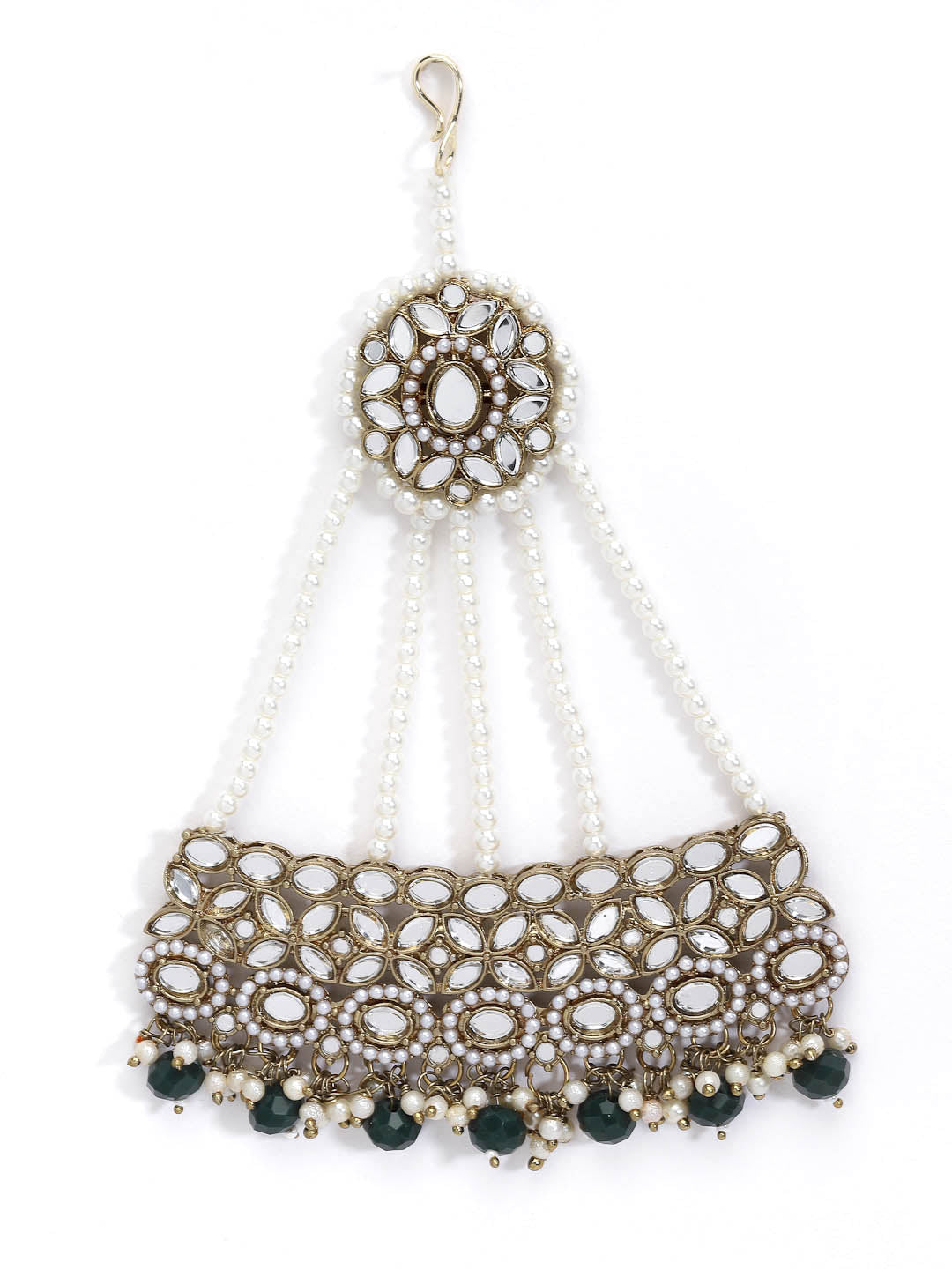 Gold-Plated White & Green Mirror Work & Pearls Beaded Jhumar Passa