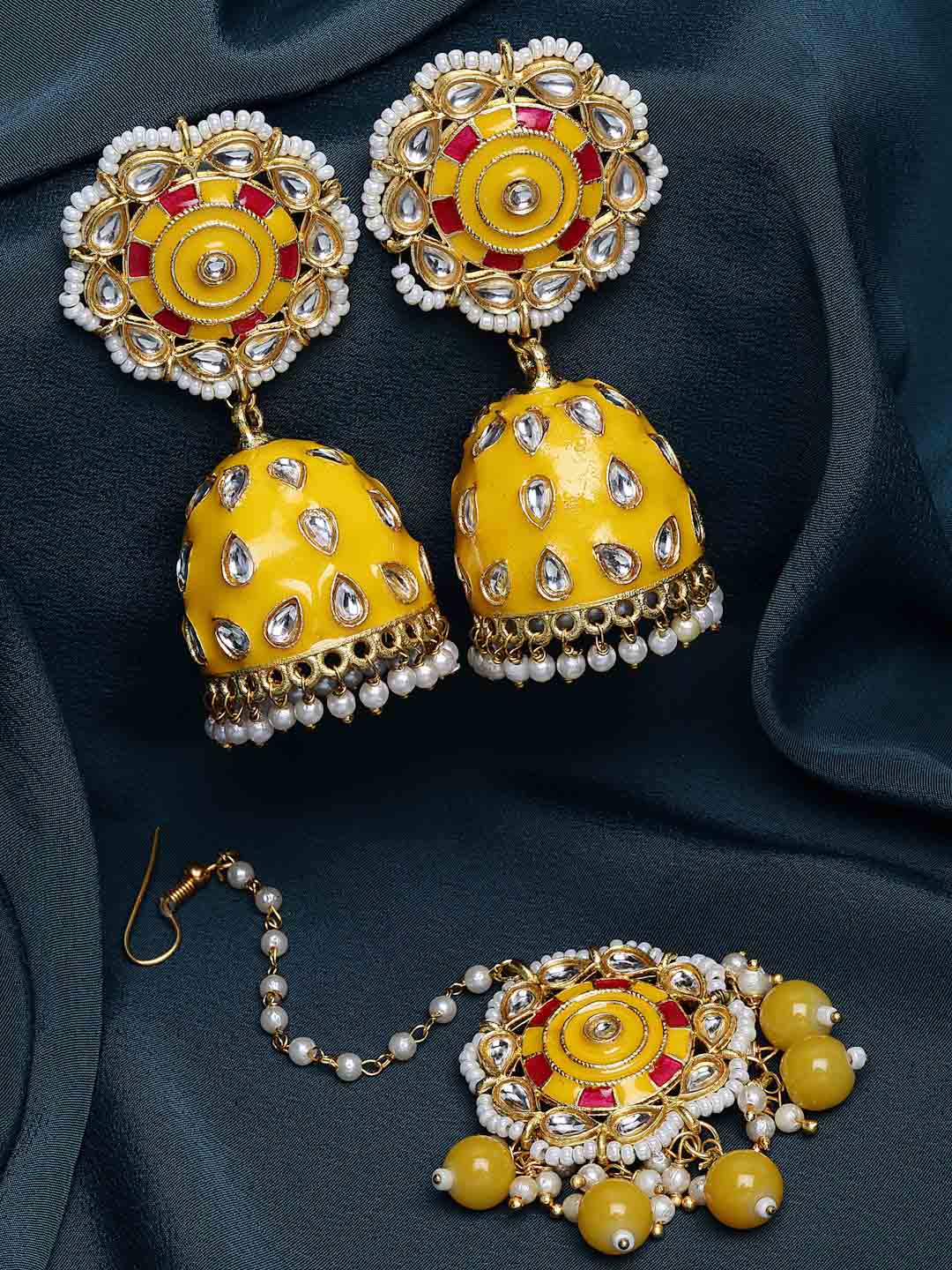 Yellow Gold-Plated Kundan Meenakari Maang Tikka with Earrings Set