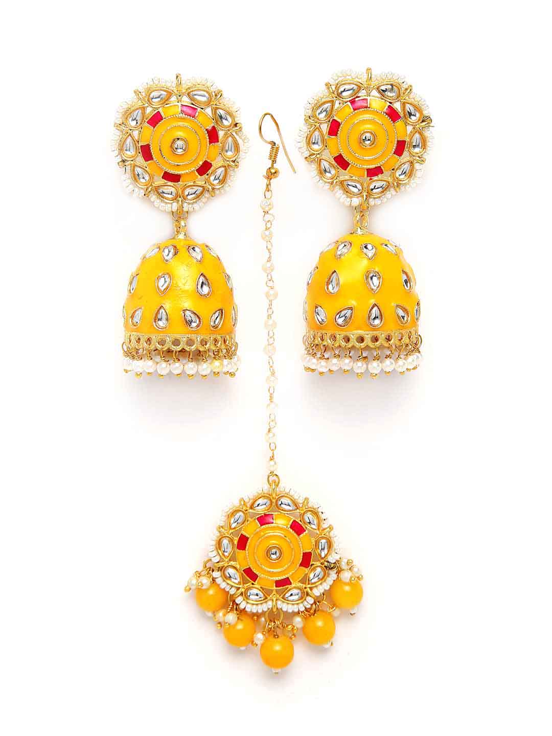 Yellow Gold-Plated Kundan Meenakari Maang Tikka with Earrings Set