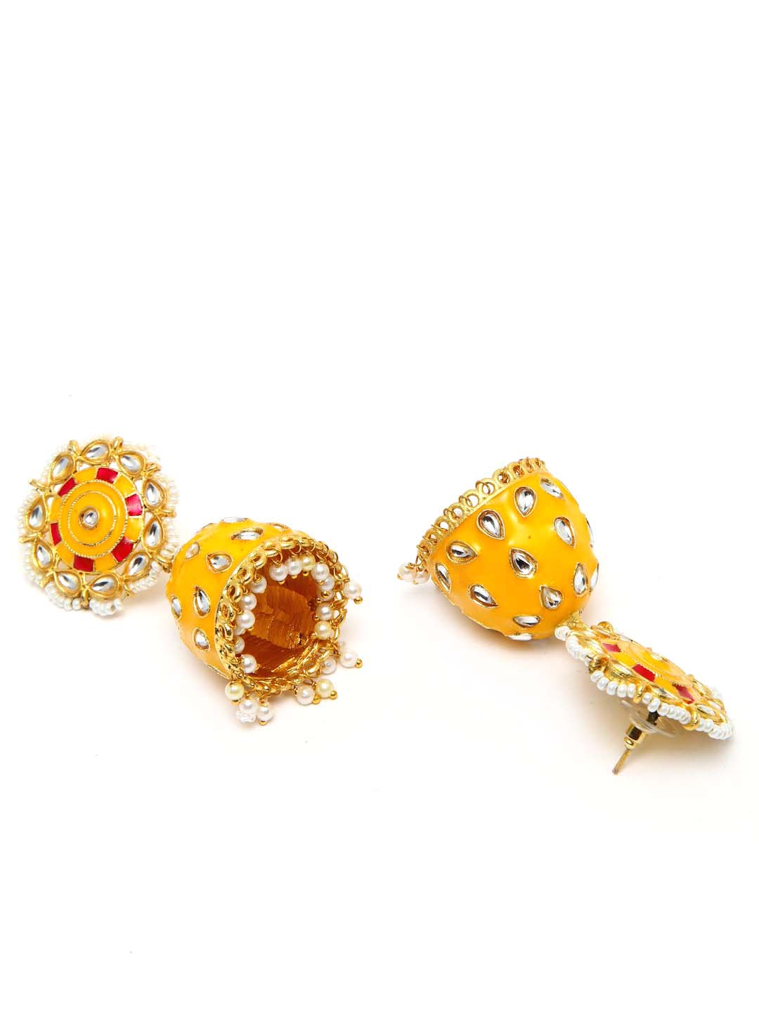 Yellow Gold-Plated Kundan Meenakari Maang Tikka with Earrings Set