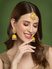 Yellow Gold-Plated Kundan Meenakari Maang Tikka with Earrings Set