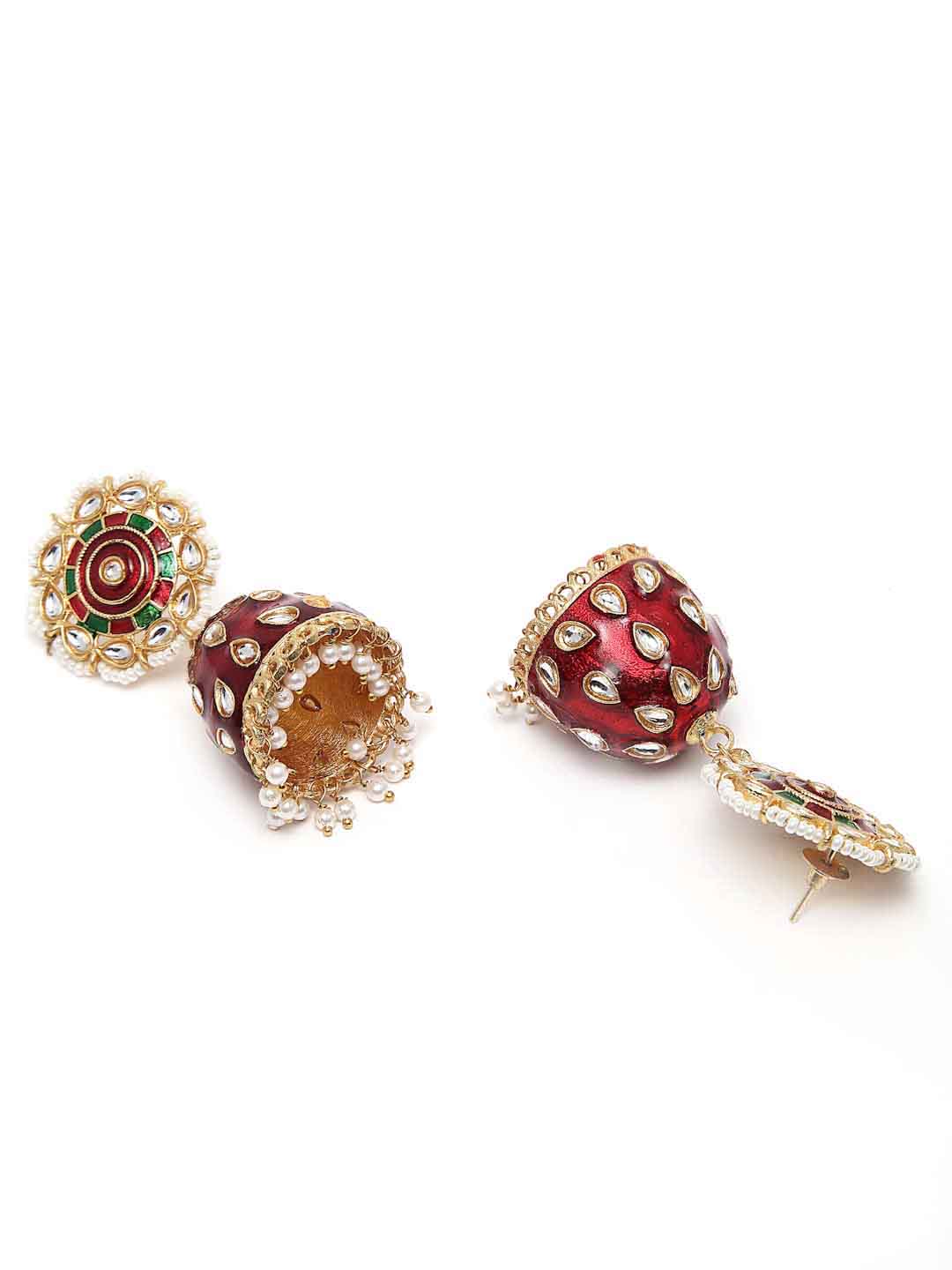 Gold-Toned Red Kundan Meenakari Tikka & Earrings Set