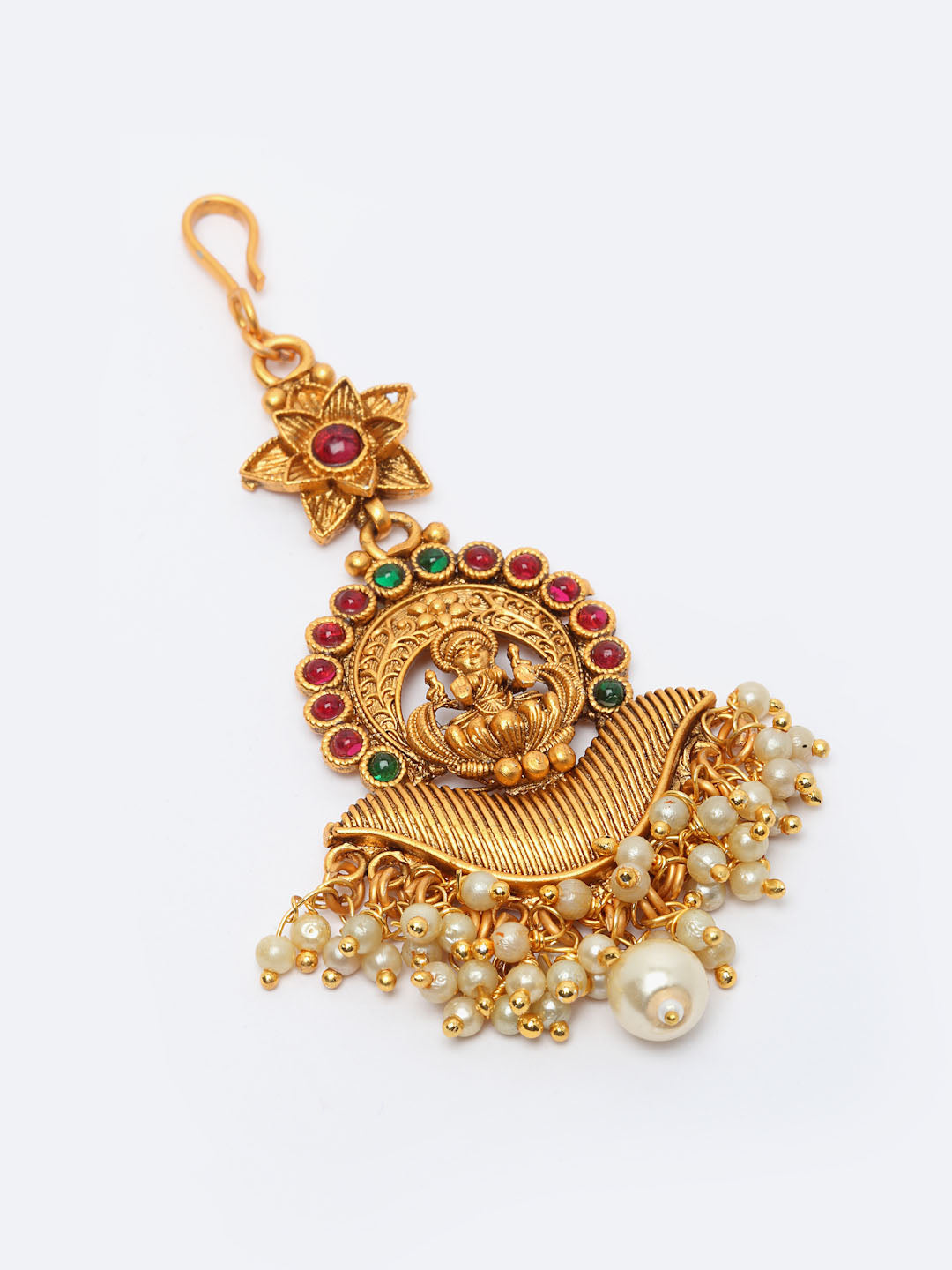 Gold-Plated White & Green Stone-Studded & Pearl Beaded Maang Tikka