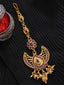 Gold-Plated Red & Green Stone-Studded & Pearl Beaded Maang Tikka